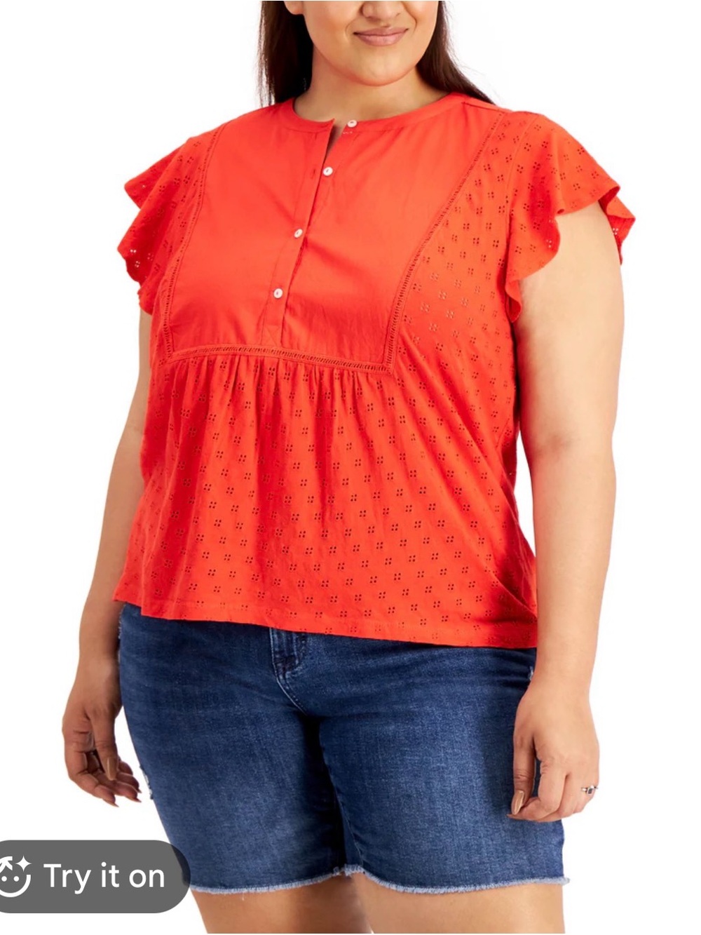 Style & Co. Women's Cotton Red Ruffled-Sleeve Eyelet Top Size 2X